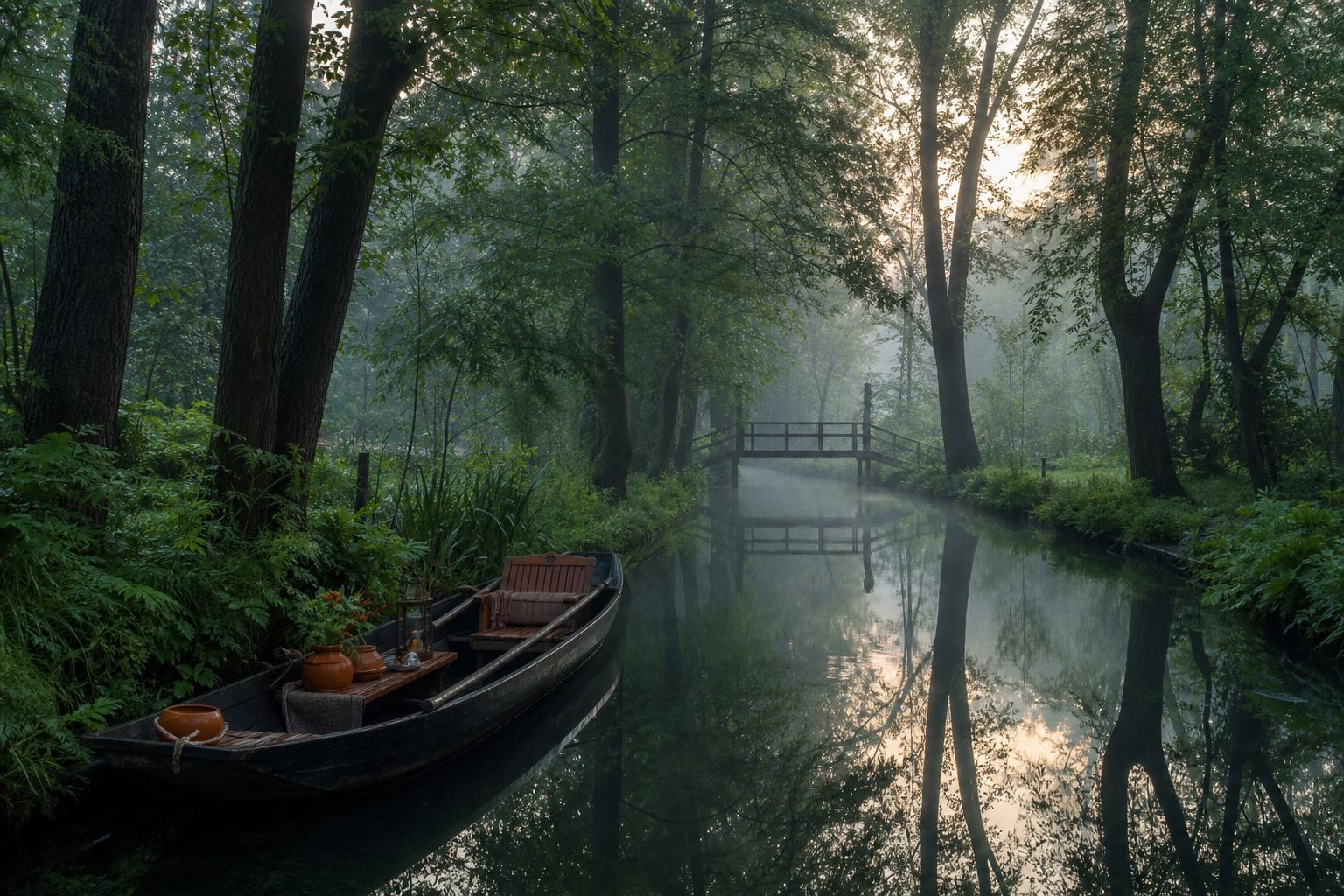 Schmaler Spreewaldkanal mit Kahn und Erlen unter Morgennebel